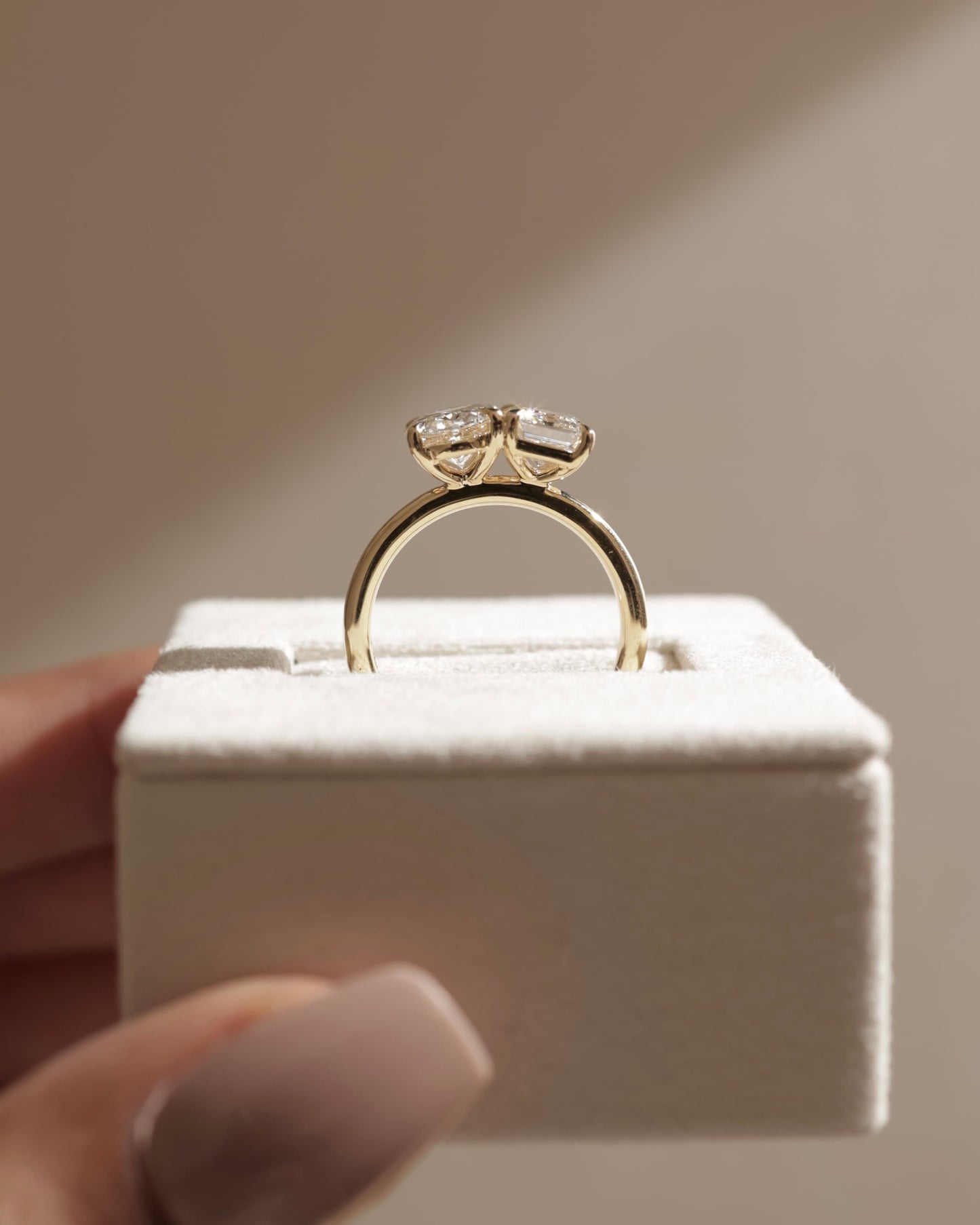 Tanya - Oval and Emerald Claw Toi et Moi Engagement Ring - Rose Two-Tone