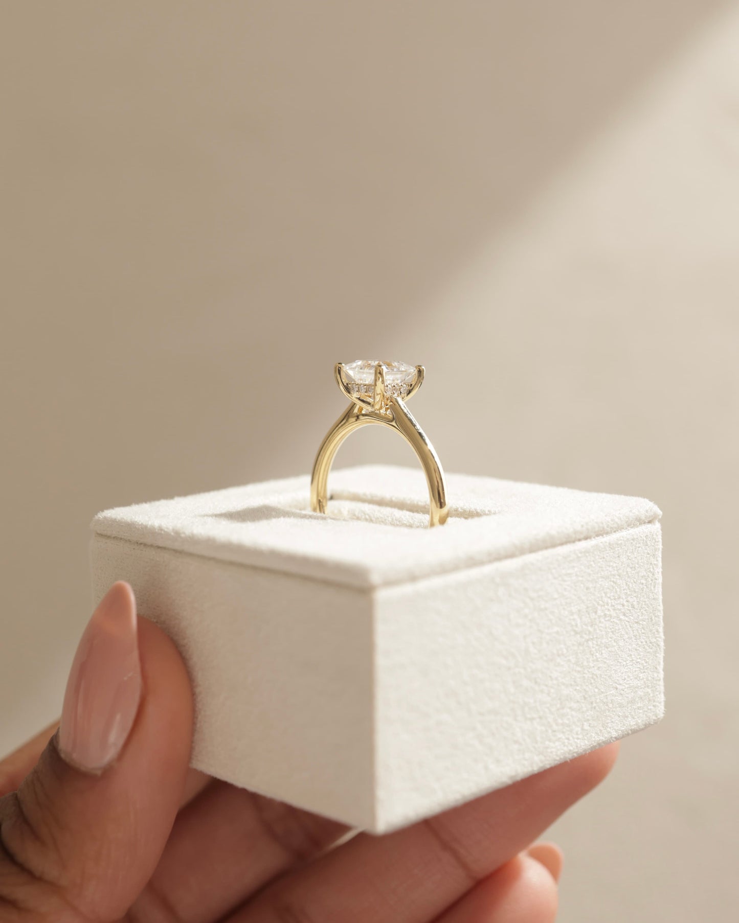 Natalie - Princess Claw Solitaire with Hidden Halo and Cathedral High Setting Engagement Ring - Rose Two-Tone