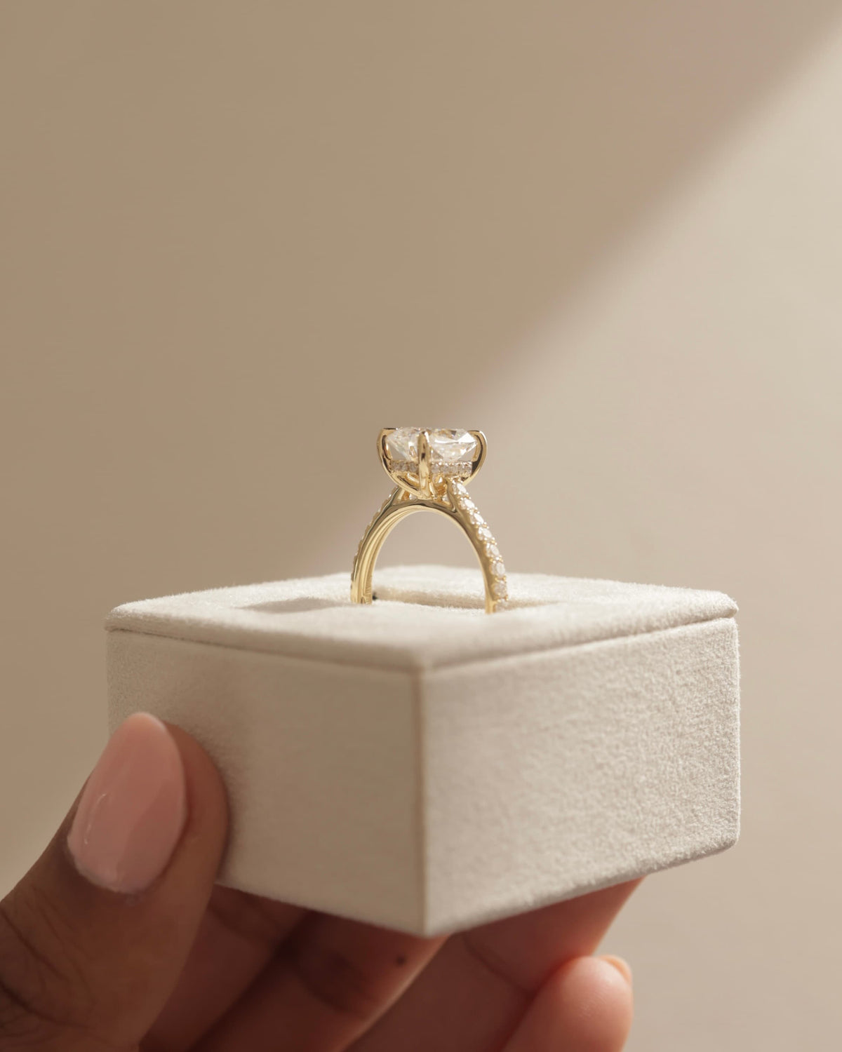Annika - Elongated Cushion Claw Solitaire with Hidden Halo, Pave Band and Cathedral High Setting Engagement Ring - Rose Gold