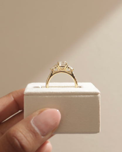 Bree - Elongated Cushion Claw Trilogy with Pear Side Stones and Pave Band Engagement Ring - Rose Gold