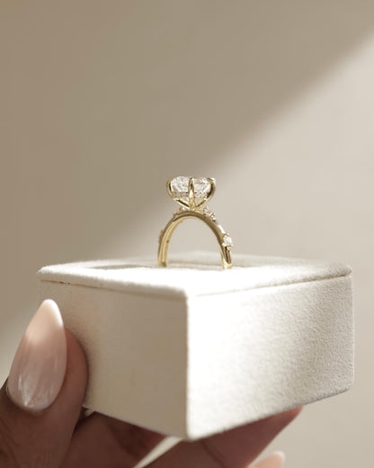 Amora - Pear Claw Solitaire with 6 Spaced Round Accent Stones and Hidden Halo Engagement Ring - White Gold