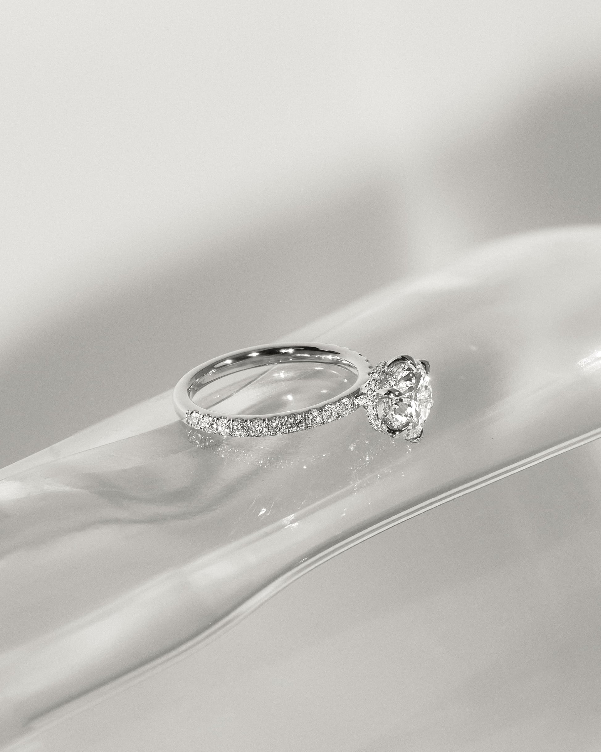 Amanda - Round Claw Solitaire with Wrap Around Hidden Halo and Pave Band Engagement Ring - Yellow Two-Tone - yellow two-tone - Lara Jewels