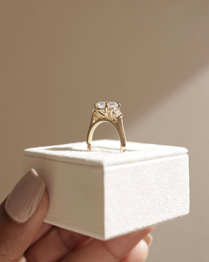 Arya - Round Claw Trilogy with Pear Side Stones and Cathedral Setting Engagement Ring - Yellow Gold