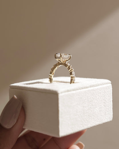 Cali - Elongated Cushion Claw Solitaire with Marquise-Round Accent Stones and Hidden Halo Engagement Ring - Yellow Gold