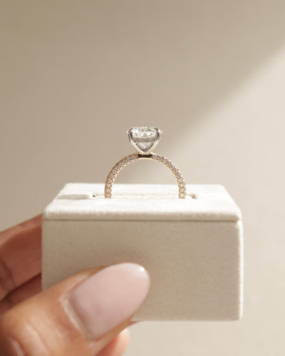 Alex - Round Claw Solitaire with Hidden Halo and Triple Pave Band Engagement Ring - Yellow Gold
