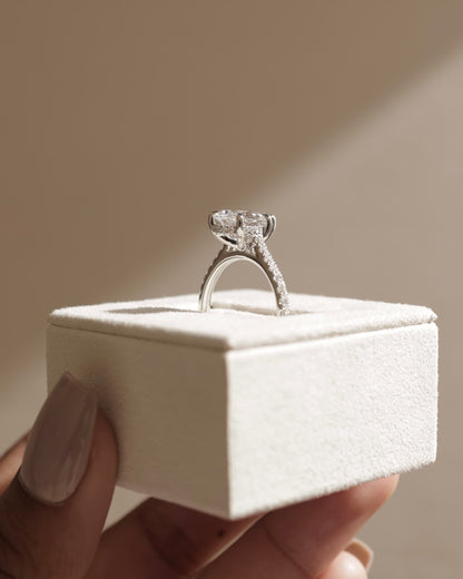 Katrina - Pear Claw Solitaire with Hidden Halo, Pave Band and Cathedral High Setting Engagement Ring - Yellow Gold