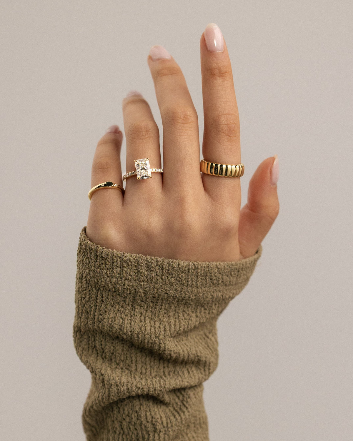 Ellie - Radiant Claw Solitaire with Wrap Around Hidden Halo and Pave Band Engagement Ring - Yellow Gold