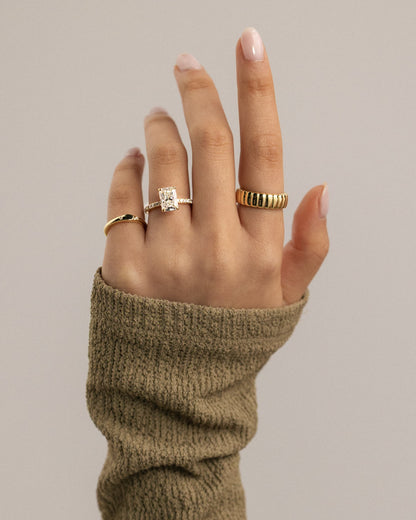 Ellie - Radiant Claw Solitaire with Wrap Around Hidden Halo and Pave Band Engagement Ring - Yellow Gold