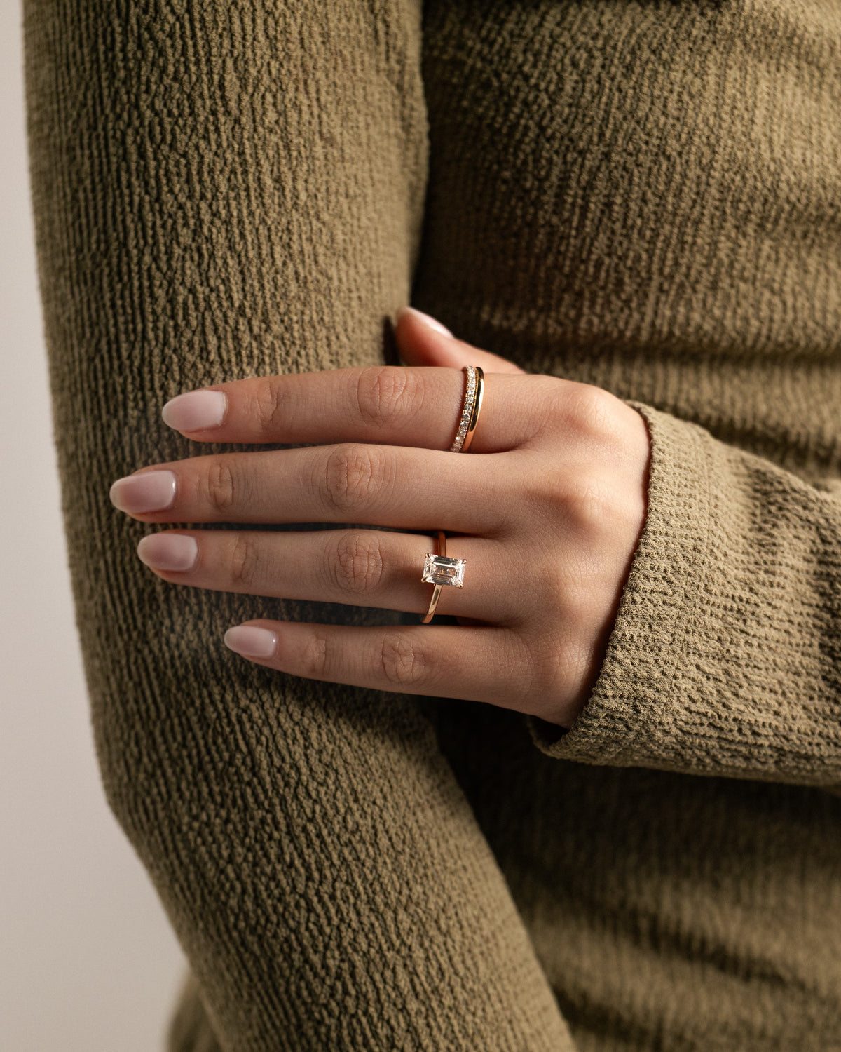 Jane - Emerald Claw Solitaire with Hidden Halo and Cathedral High Setting Engagement Ring - Rose Two-Tone