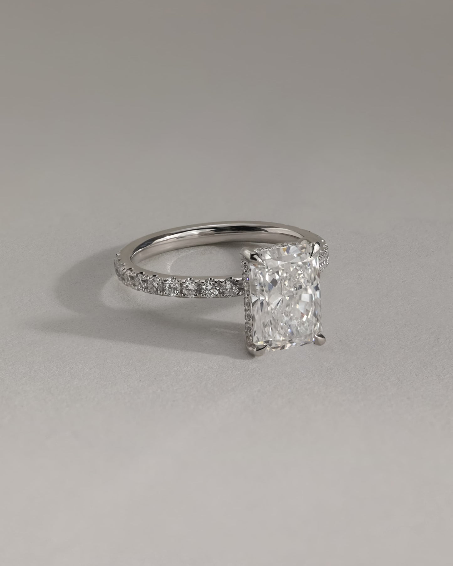 Thea - Radiant Claw Solitaire with Hidden Halo and Pave Band Engagement Ring - Platinum