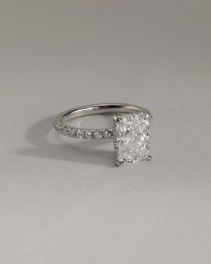 Thea - Radiant Claw Solitaire with Hidden Halo and Pave Band Engagement Ring - Platinum