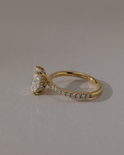 Camilla - Elongated Cushion Claw Solitaire with Hidden Halo and Pave Band Engagement Ring - Yellow Gold