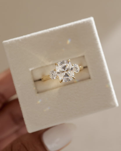Charmaine - Elongated Cushion Claw Trilogy with Round Side Stones and Lily Detail Engagement Ring - Yellow Gold