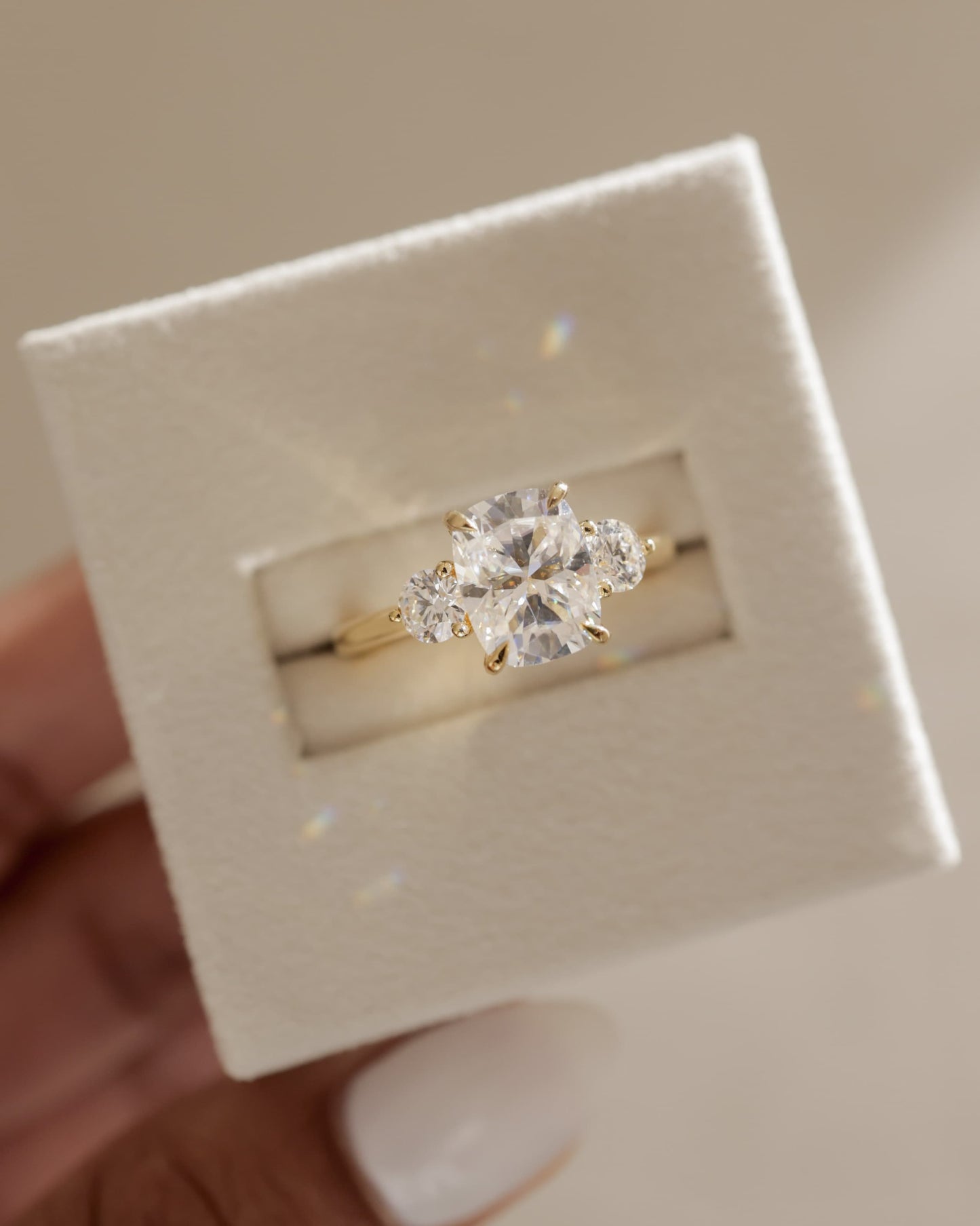 Charmaine - Elongated Cushion Claw Trilogy with Round Side Stones and Lily Detail Engagement Ring - Rose Gold