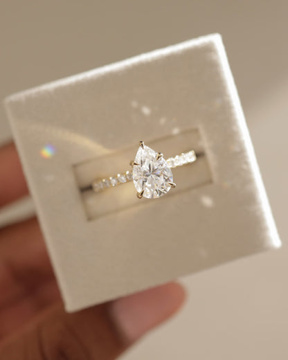 Jordanna - Pear Claw Solitaire with Wrap Around Hidden Halo and Pave Band Engagement Ring - Yellow Gold