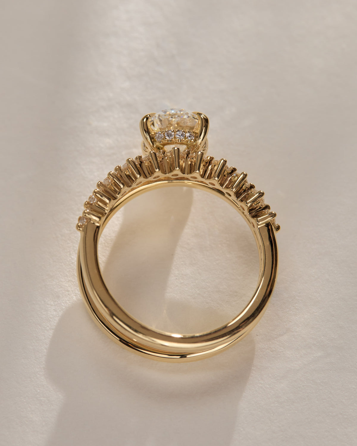 Athena - Oval Claw Solitaire with Double Plain-and-Round-Accent Stones Band Engagement Ring - Yellow Gold