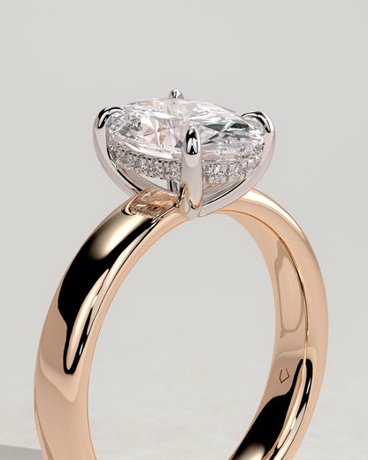 Bronte - Oval Claw Solitaire with Cigar Band and Hidden Halo Engagement Ring - Rose Two-Tone