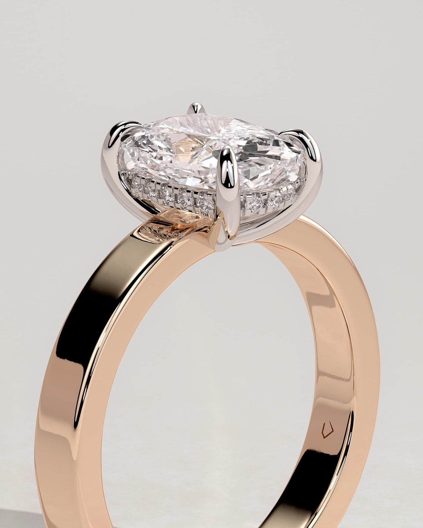 Kai - Elongated Cushion Claw Solitaire with Flat Cigar Band and Hidden Halo Engagement Ring - Rose Two-Tone