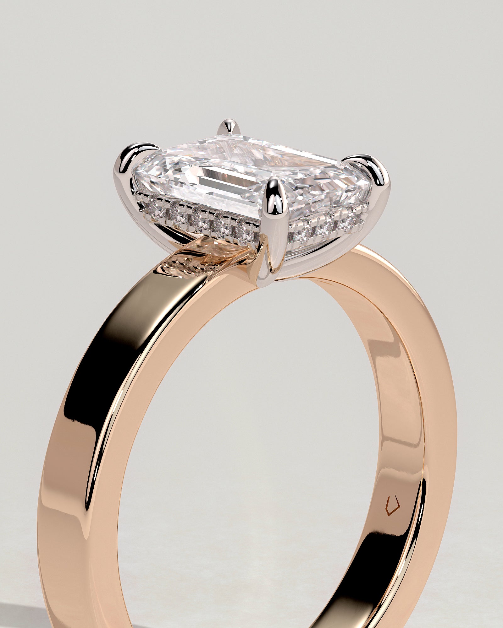 Carmella - Emerald Claw Solitaire with Flat Cigar Band and Hidden Halo Engagement Ring - Rose Two-Tone - Rose Two-Tone 2ct