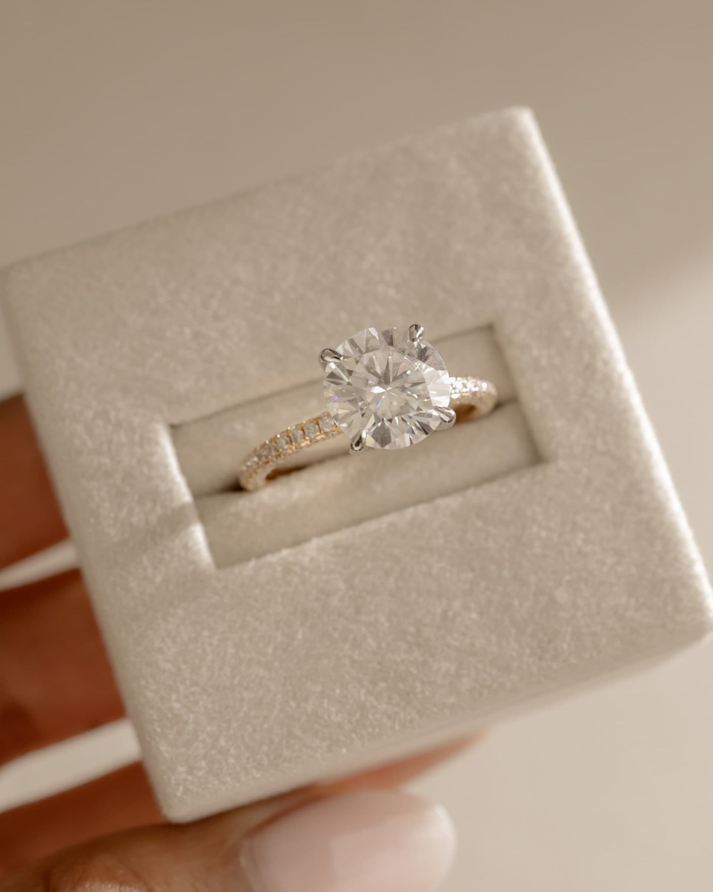 Alex - Round Claw Solitaire with Hidden Halo and Triple Pave Band Engagement Ring - Yellow Gold