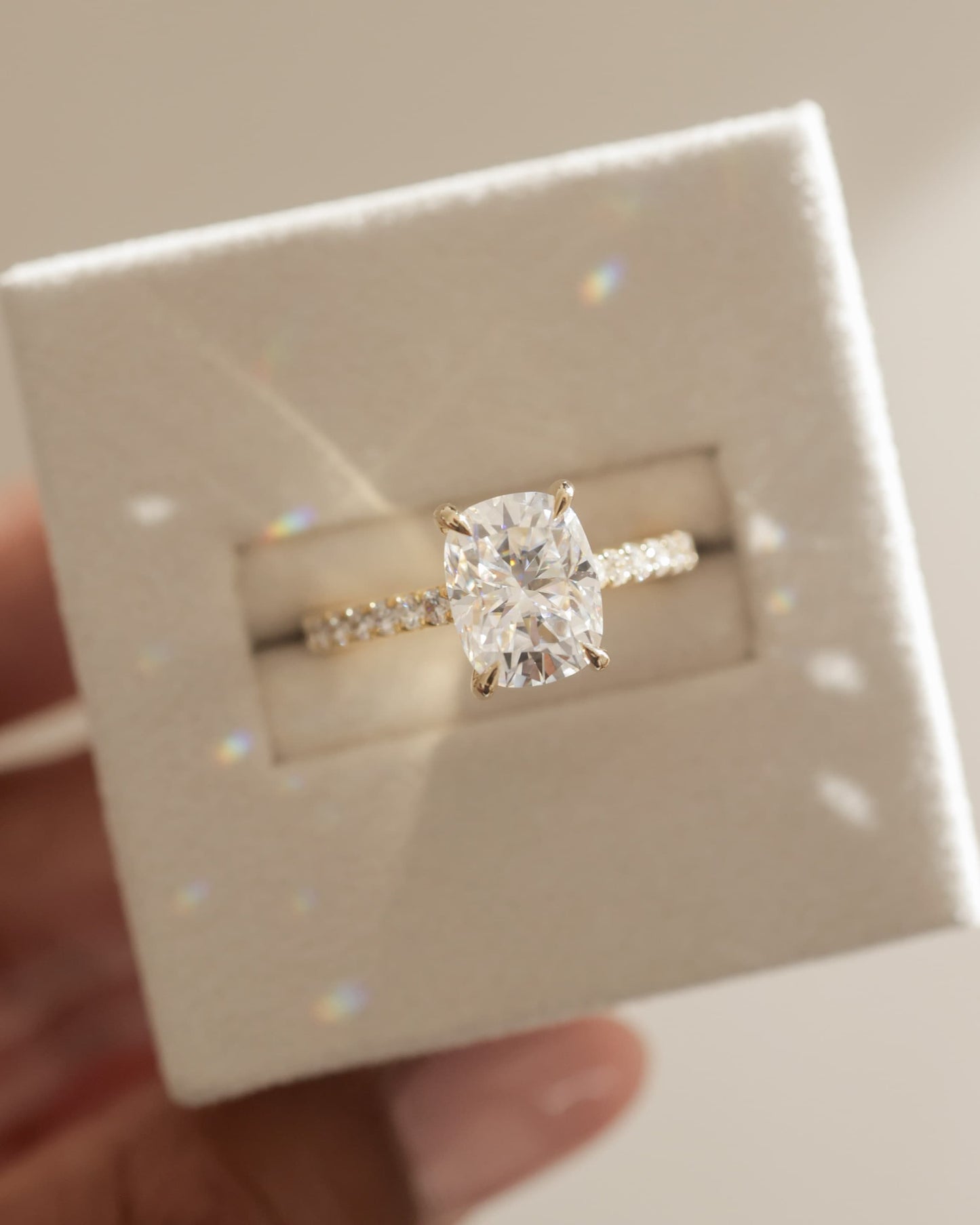 Annika - Elongated Cushion Claw Solitaire with Hidden Halo, Pave Band and Cathedral High Setting Engagement Ring - Yellow Gold