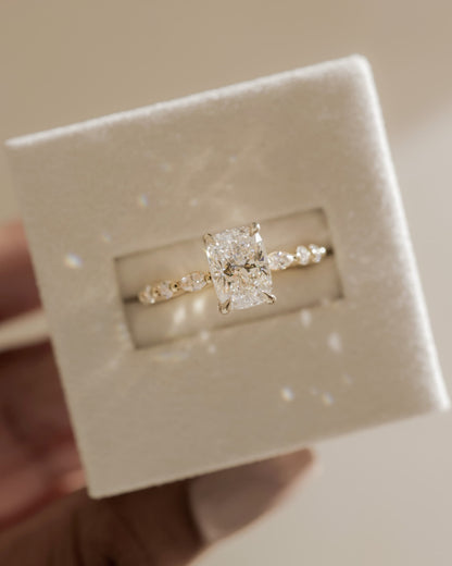 Cali - Elongated Cushion Claw Solitaire with Marquise-Round Accent Stones and Hidden Halo Engagement Ring - White Gold