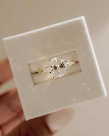 Cataleya - Elongated Cushion Claw Trilogy with Pear Side Stones and Cathedral Setting Engagement Ring - Rose Gold