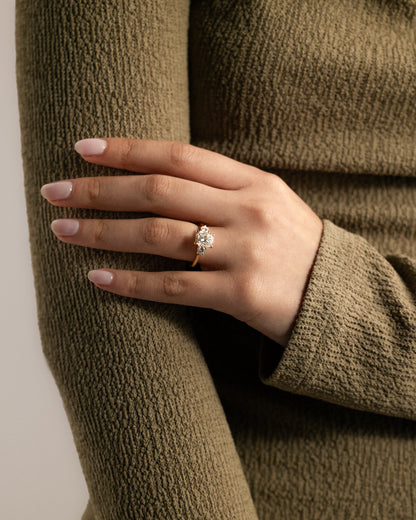 Charmaine - Elongated Cushion Claw Trilogy with Round Side Stones and Lily Detail Engagement Ring - Yellow Gold