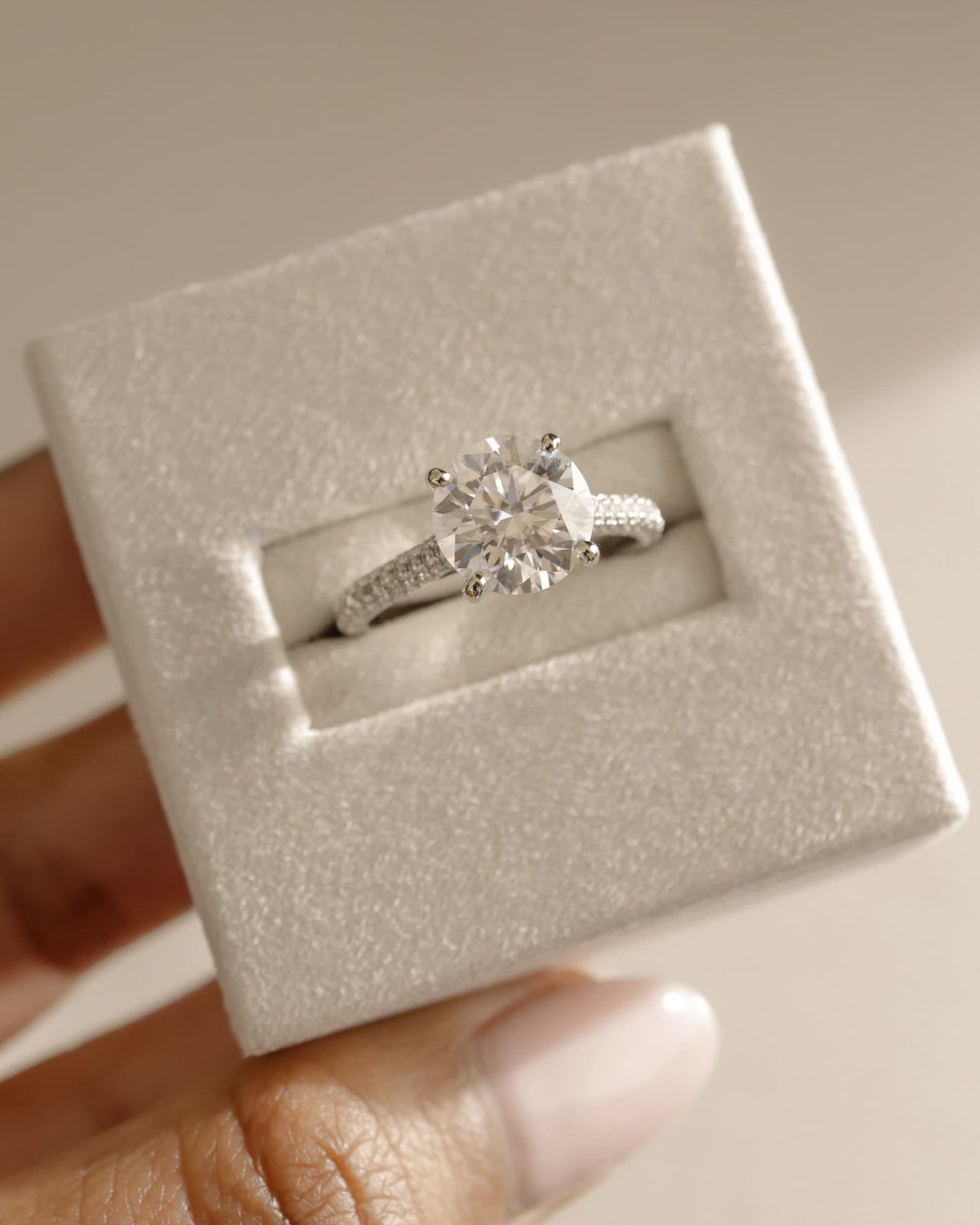 Chelsea - Round Claw Solitaire with Hidden Halo, Triple Pave Band and Cathedral High Setting Engagement Ring - Yellow Gold
