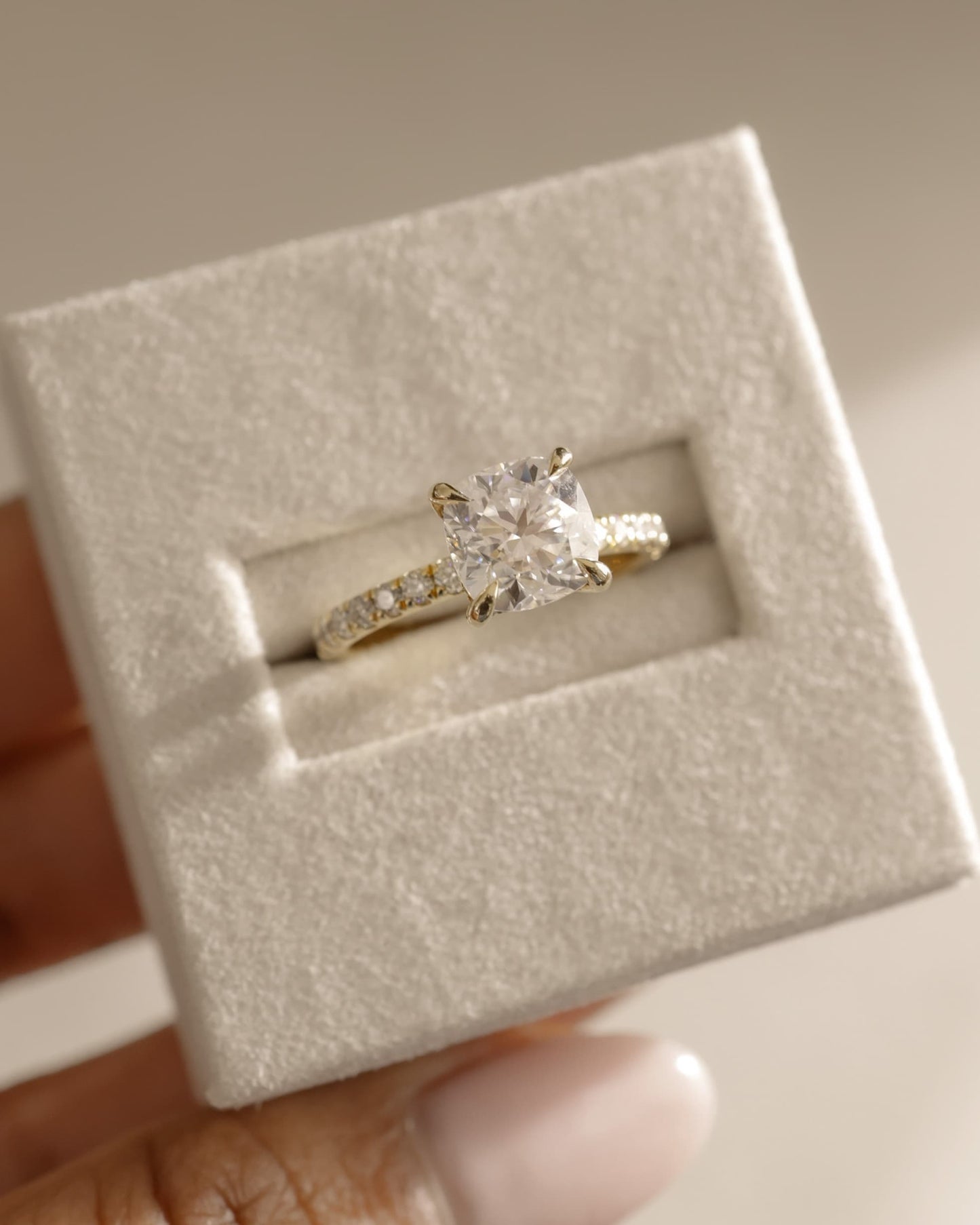 Claudia - Cushion Claw Solitaire with Hidden Halo and Pave Band Engagement Ring - Yellow Gold