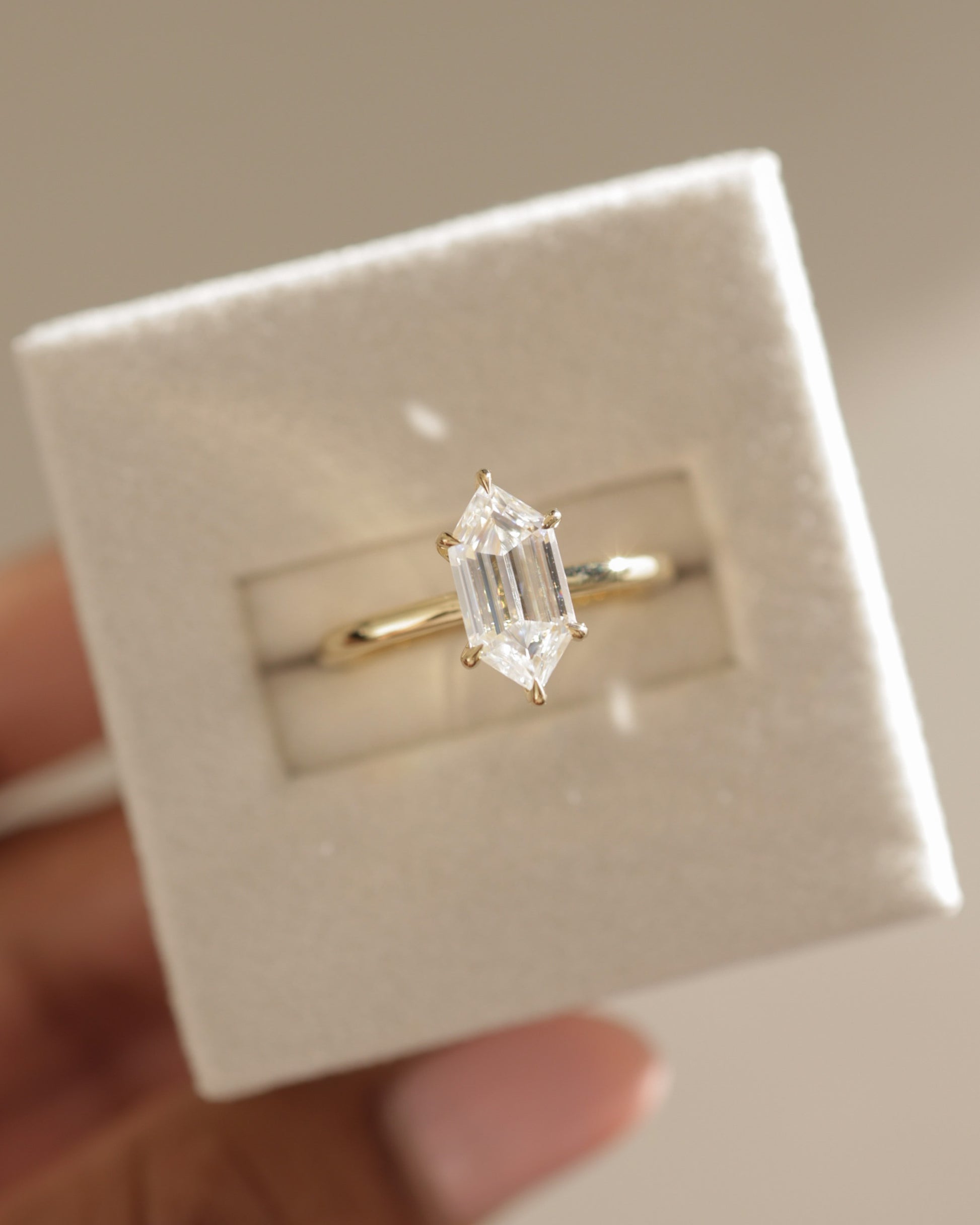 Delta - Elongated Hexagon Claw Solitaire with Hidden Halo Engagement Ring - Rose Two-Tone - Lifestyle