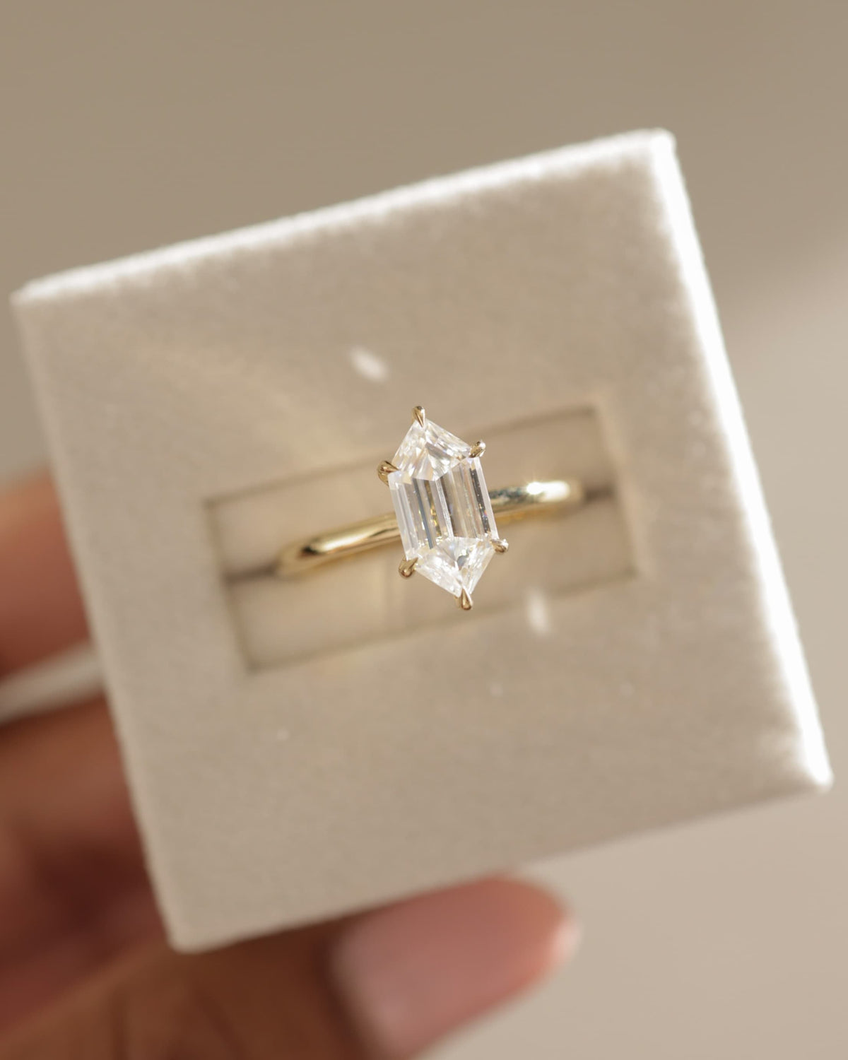 Delta - Elongated Hexagon Claw Solitaire with Hidden Halo Engagement Ring - Yellow Gold