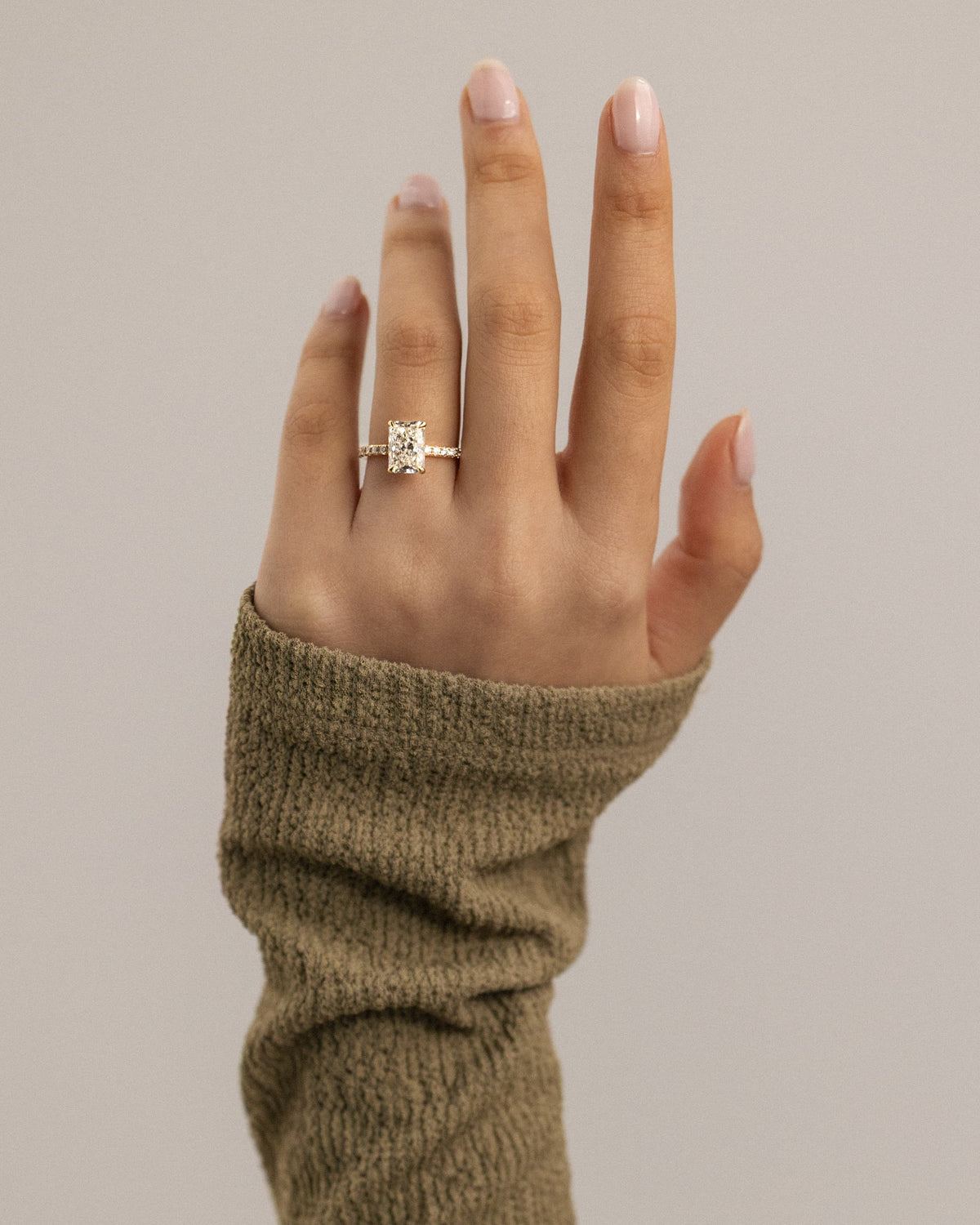 Ellie - Radiant Claw Solitaire with Wrap Around Hidden Halo and Pave Band Engagement Ring - Yellow Gold