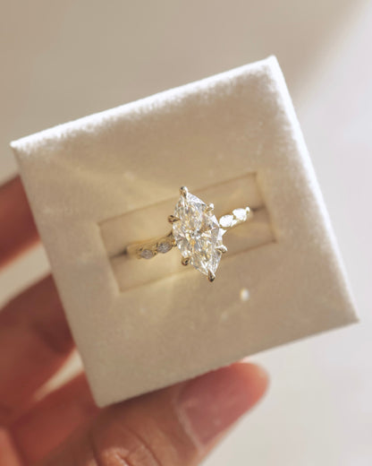 Elsie - Marquise Claw Solitaire with Hidden Halo, Opposing Marquise Accents and Cathedral High Setting Engagement Ring - Yellow Gold