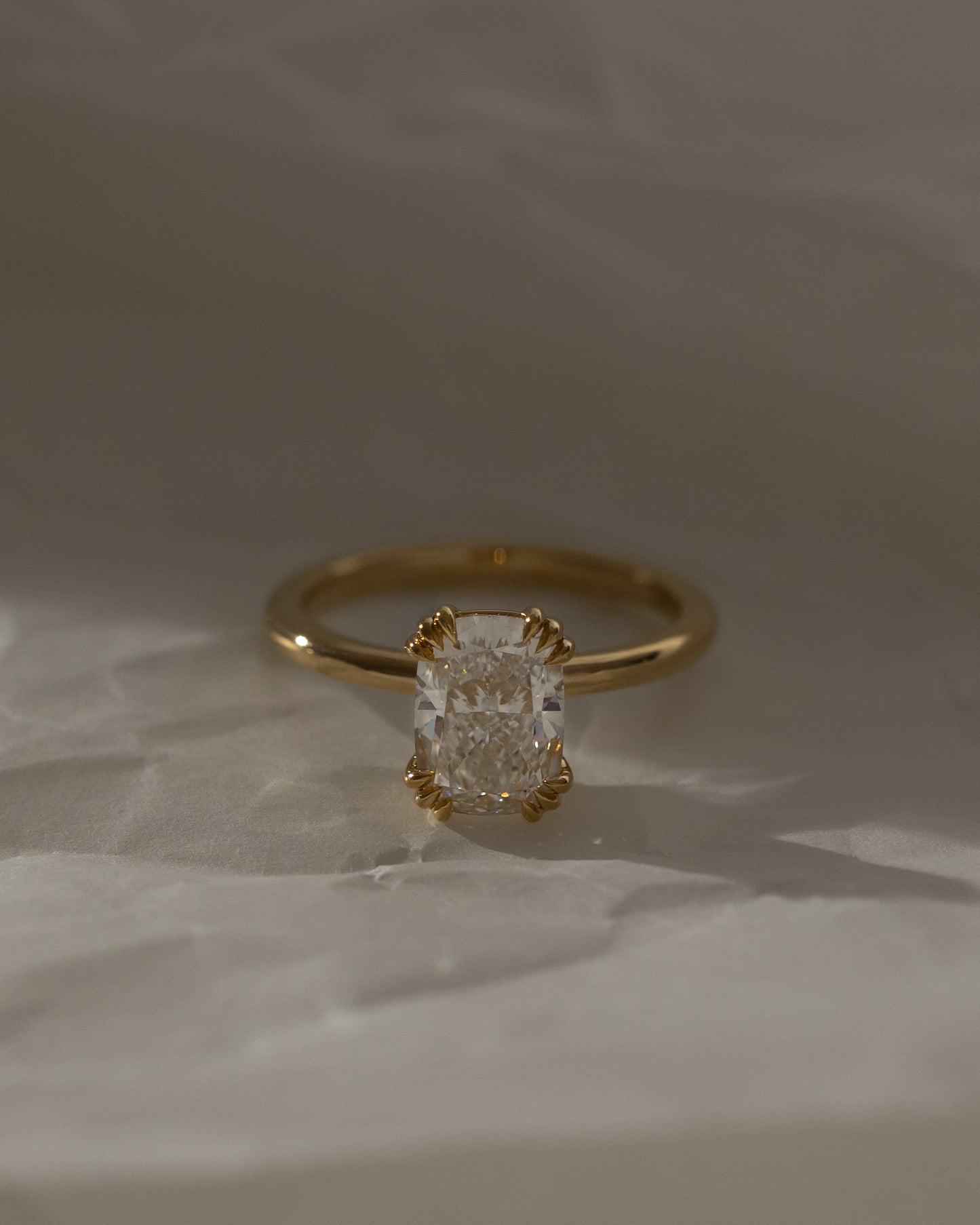 Helena - Elongated Cushion Triple Claw Solitaire Engagement Ring - Yellow Gold