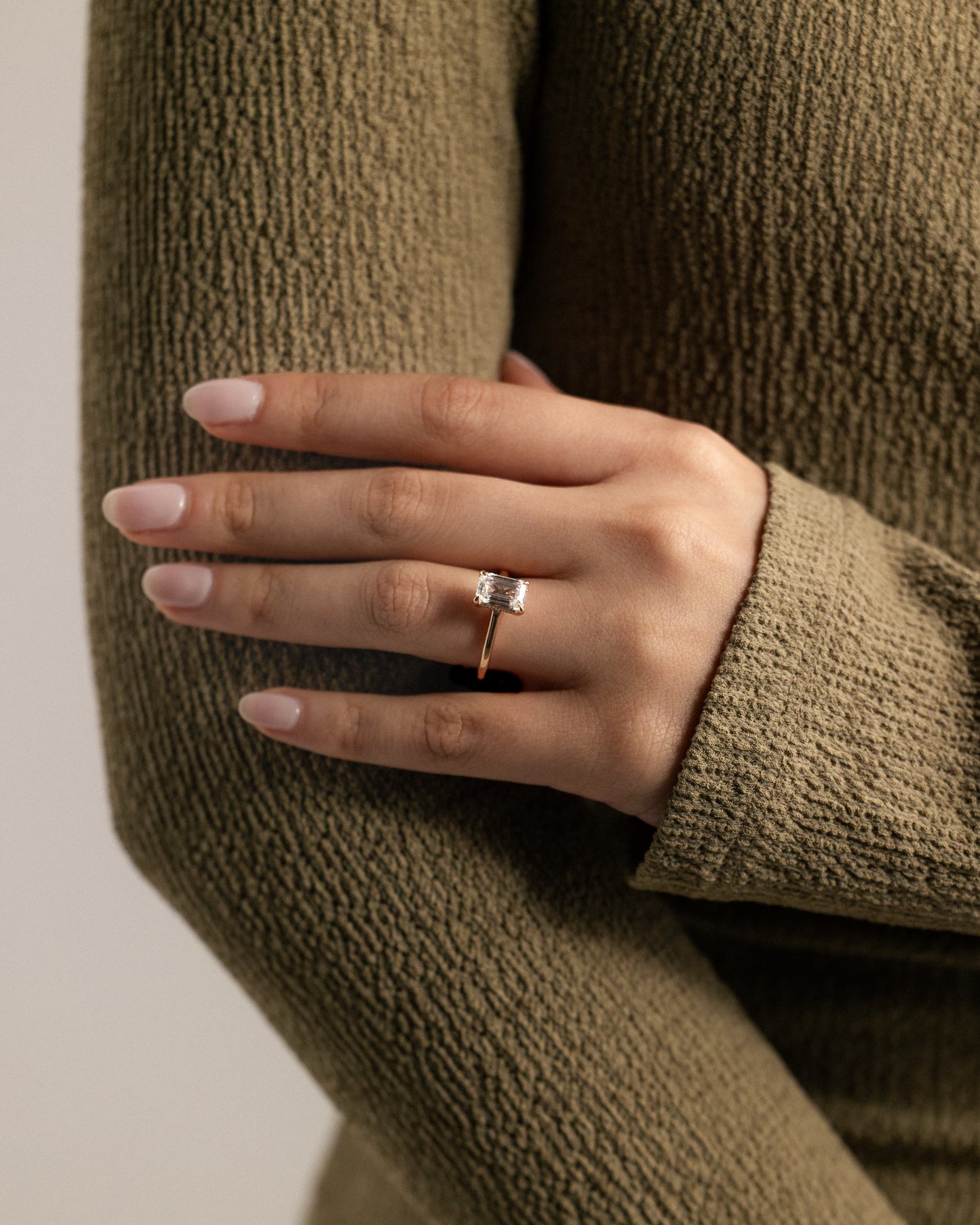 Jane - Emerald Claw Solitaire with Hidden Halo and Cathedral High Setting Engagement Ring - Yellow Two-Tone