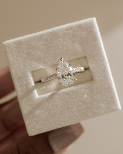 Katrina - Pear Claw Solitaire with Hidden Halo, Pave Band and Cathedral High Setting Engagement Ring - Yellow Two-Tone