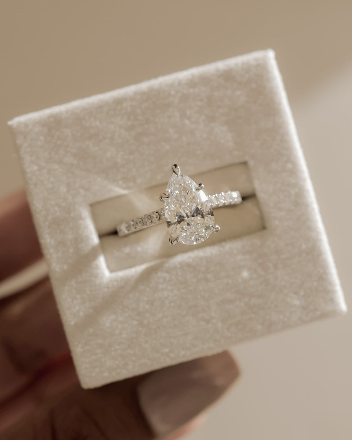Katrina - Pear Claw Solitaire with Hidden Halo, Pave Band and Cathedral High Setting Engagement Ring - White Gold