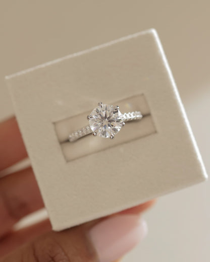 Maisy - Round Claw Solitaire with Pave Band and Cathedral High Setting Engagement Ring - Rose Two-Tone