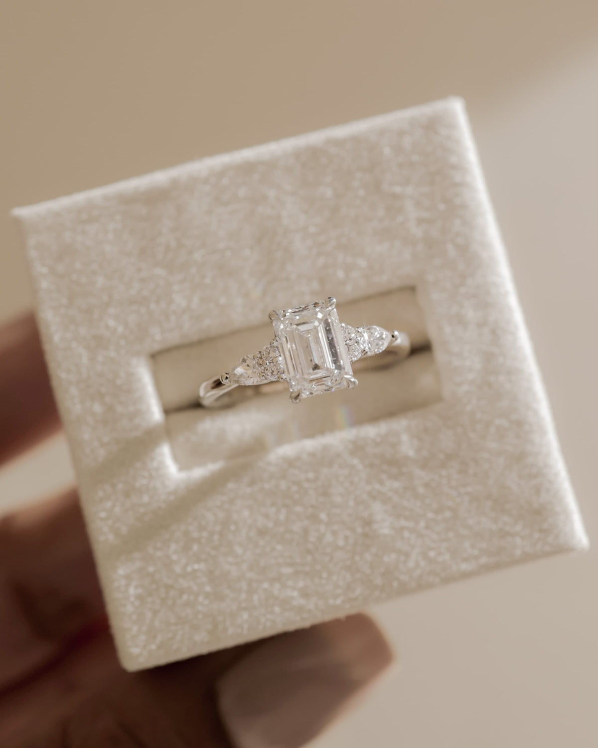 Raleigh - Emerald Claw Solitaire with Pear Accents and Round Shoulder Stones Engagement Ring - White Gold