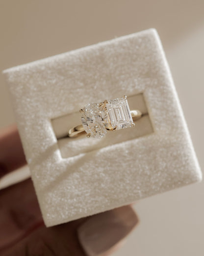 Tanya - Oval and Emerald Claw Toi et Moi Engagement Ring - Rose Gold