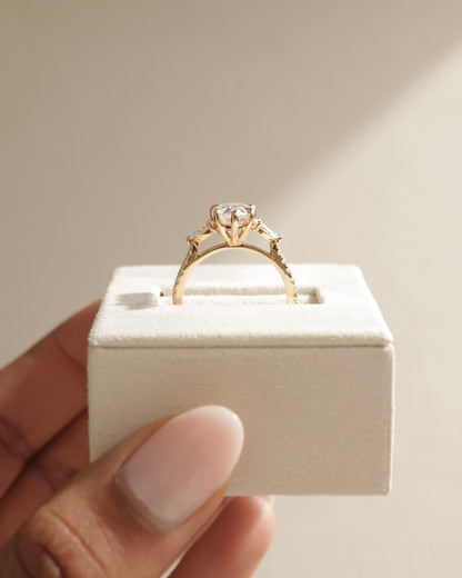 Mia - Pear Claw Trilogy with Pear Side Stones, Pave Band and Cathedral High Setting Engagement Ring - Yellow Two-Tone