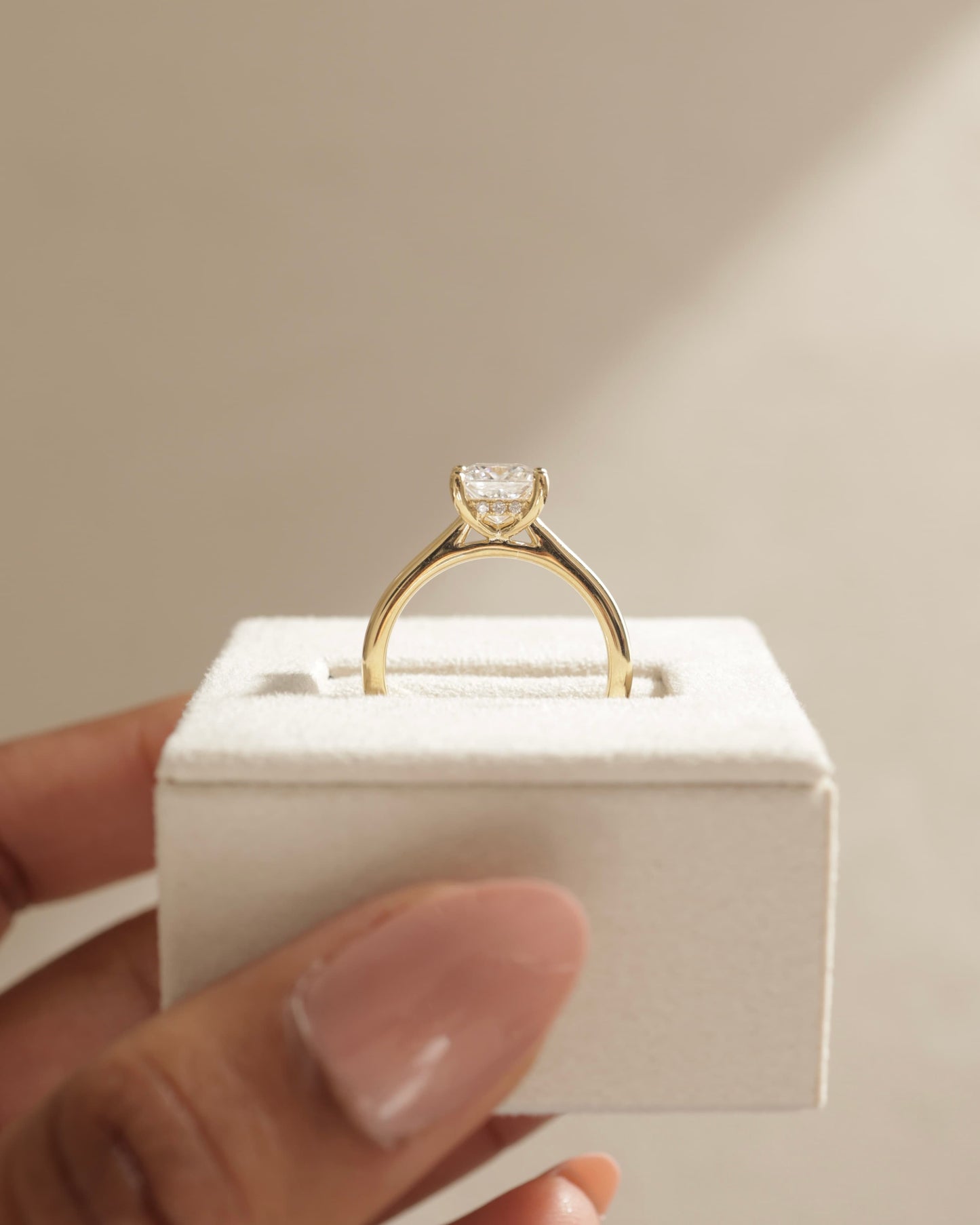 Natalie - Princess Claw Solitaire with Hidden Halo and Cathedral High Setting Engagement Ring - Rose Gold