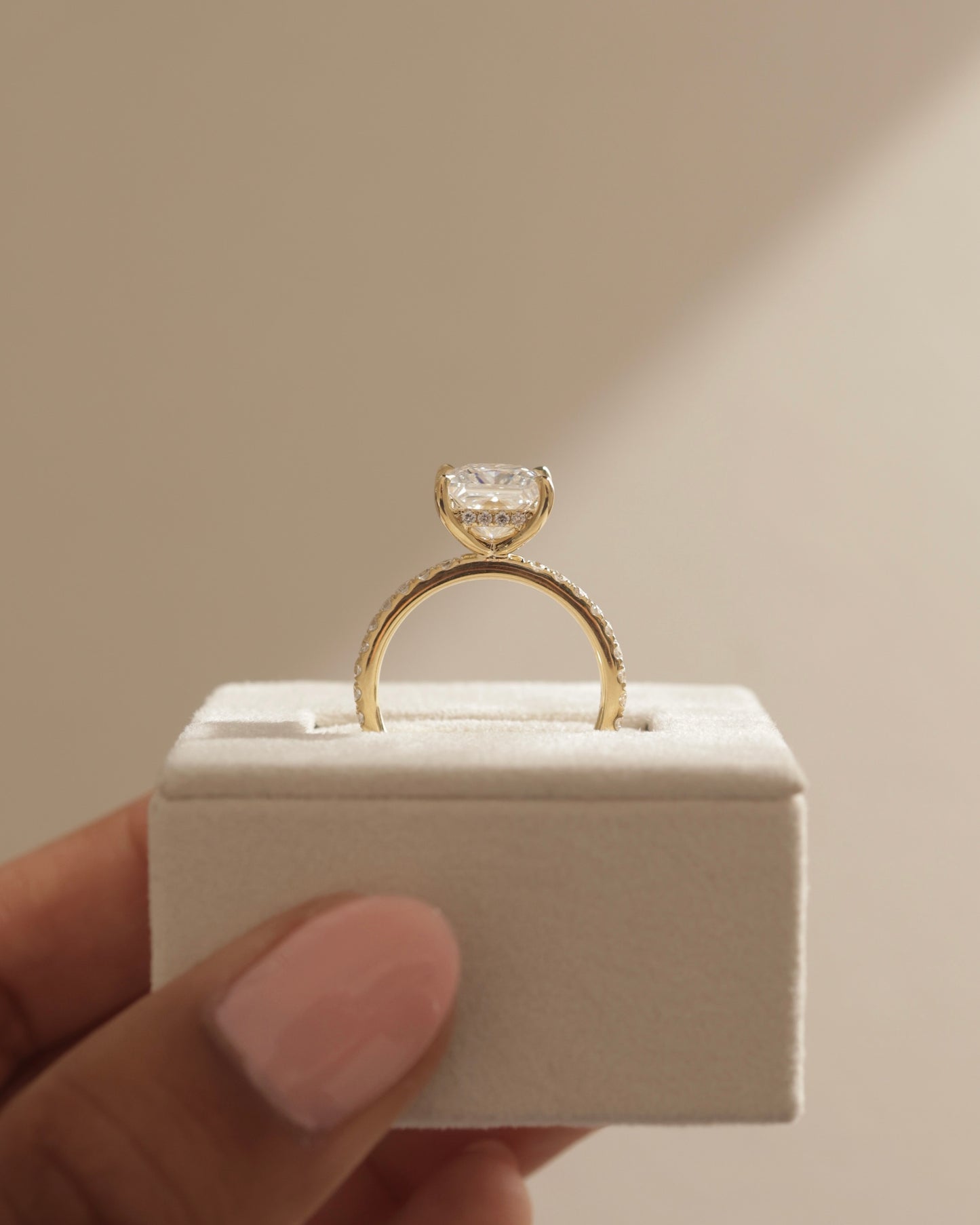 Annie - Princess Claw Solitaire with Hidden Halo and Pave Band Engagement Ring - Rose Two-Tone - Lifestyle