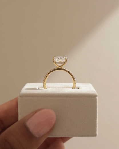 Annie - Princess Claw Solitaire with Hidden Halo and Pave Band Engagement Ring - Yellow Gold