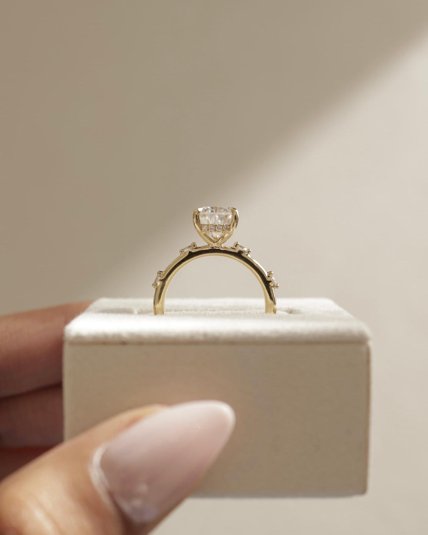 Amora - Pear Claw Solitaire with 6 Spaced Round Accent Stones and Hidden Halo Engagement Ring - Yellow Two-Tone