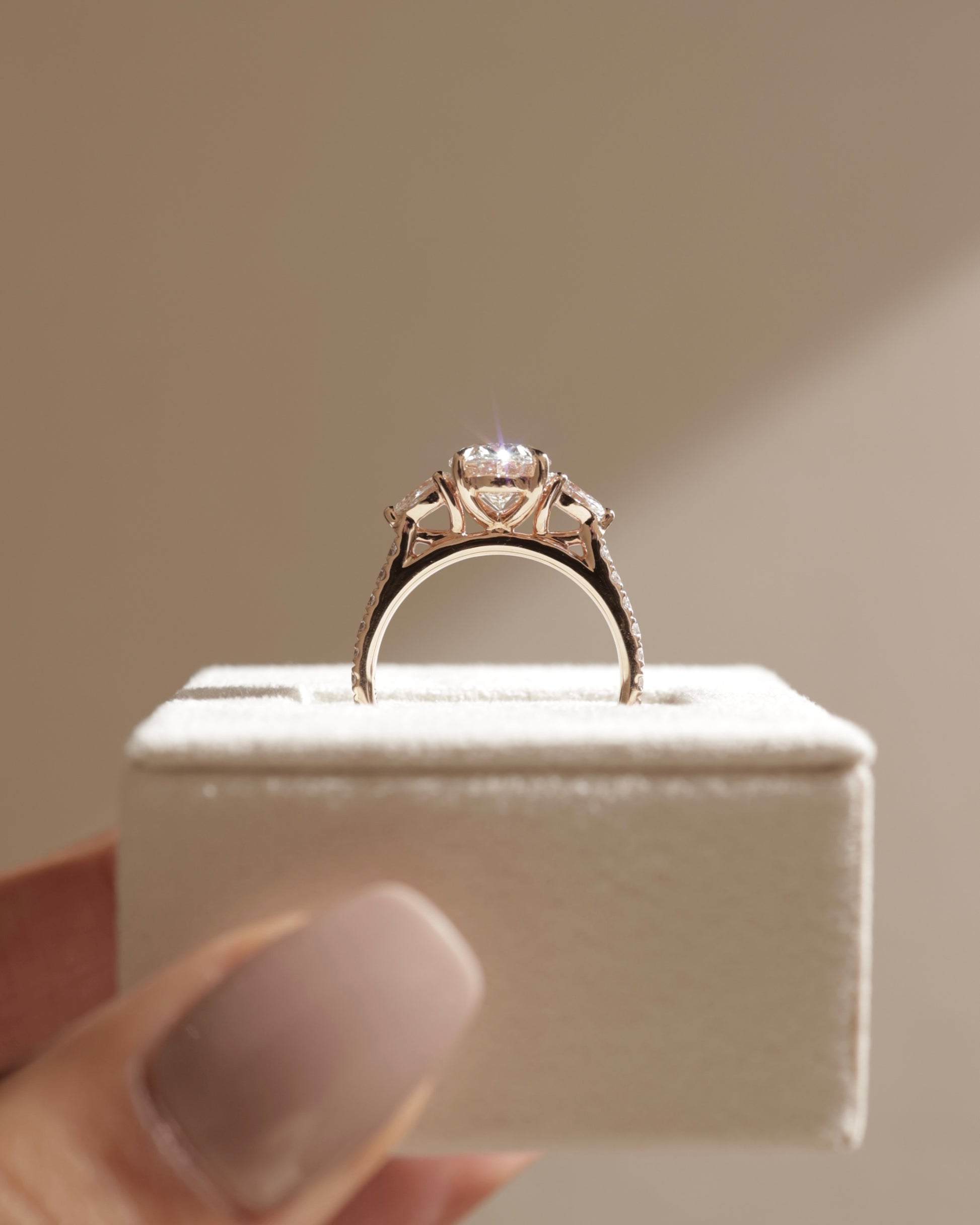 Arabella - Oval Claw Trilogy with Pear Side Stones and Pave Band Engagement Ring - Rose Two-Tone - Lifestyle