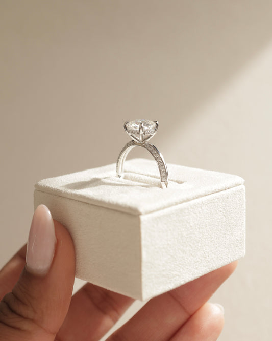 Melinda - Round Claw Solitaire with Hidden Halo and Knife Edge Pave Band  Engagement Ring - Yellow Gold - Lifestyle