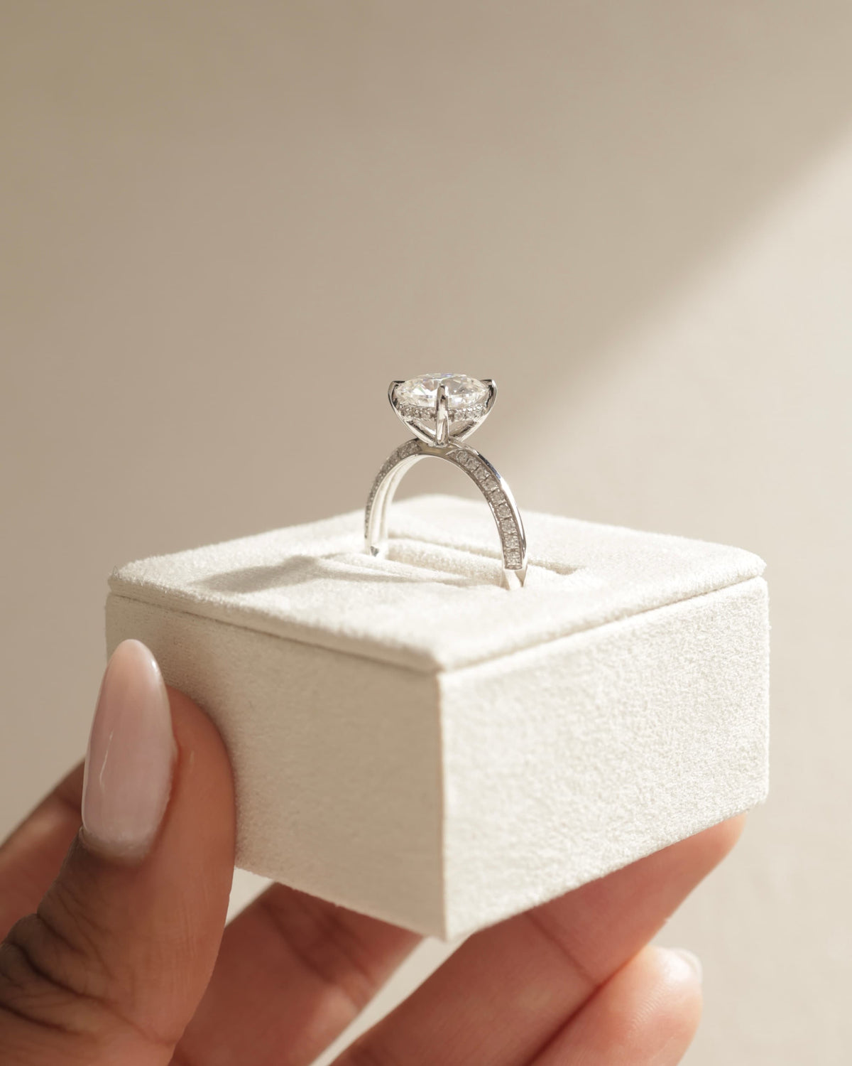 Melinda - Round Claw Solitaire with Hidden Halo and Knife Edge Pave Band  Engagement Ring - White Gold