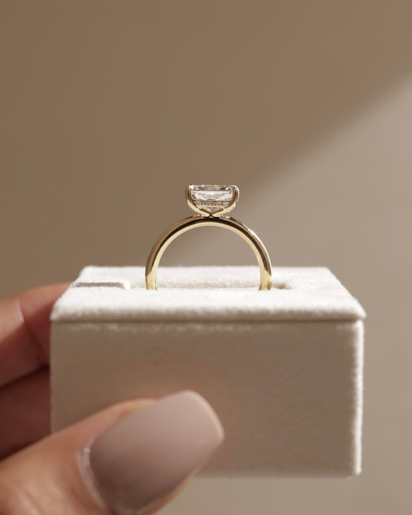Francene - Radiant East West Claw Solitaire with Hidden Halo Engagement Ring - Yellow Gold